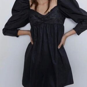 Zara Embroidered Puff Long Sleeve Baby Doll Mini Dress M